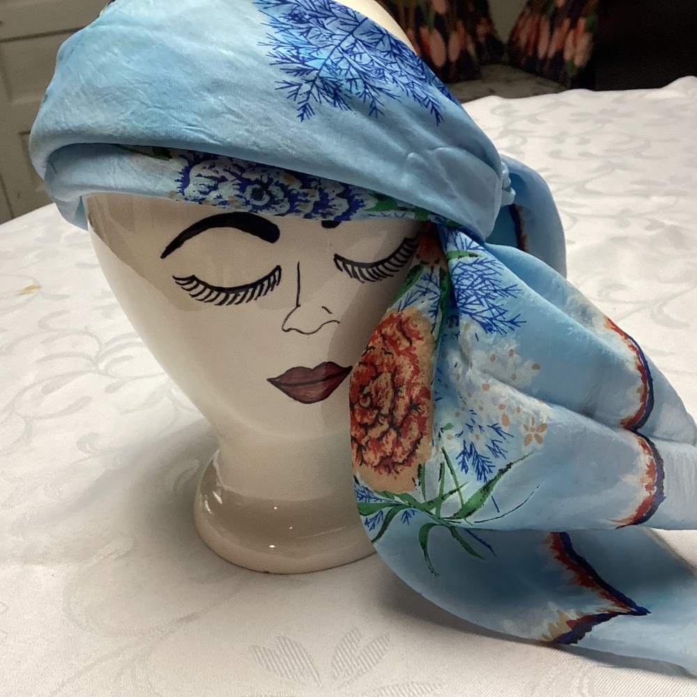 RAYON.  scarf hand rolled. Sooo pretty blues etc. VINTAGE JAPAN